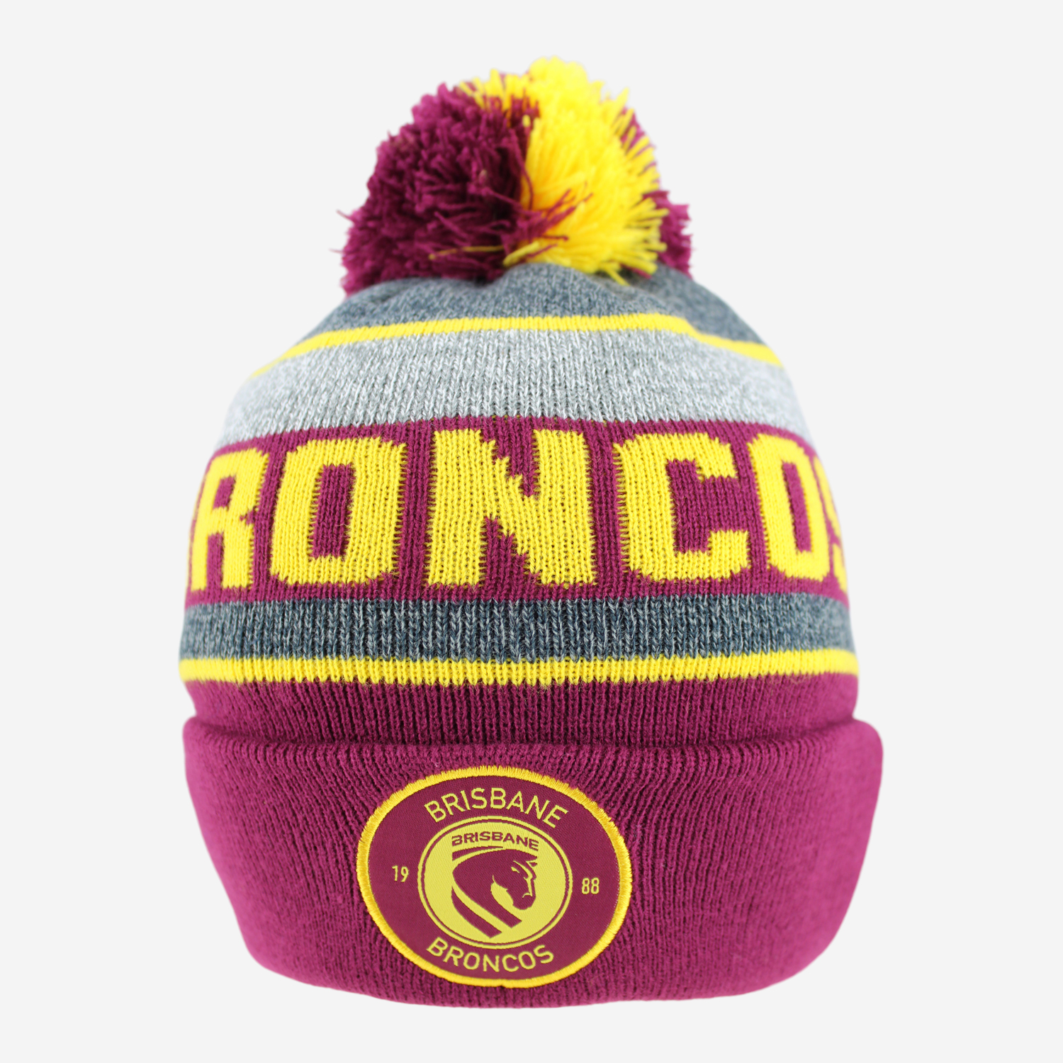 Front-facing Maroon and Gold Beanie featuring the 2026 Brisbane Broncos Logo, Team Name and multi-coloured pom-pom.