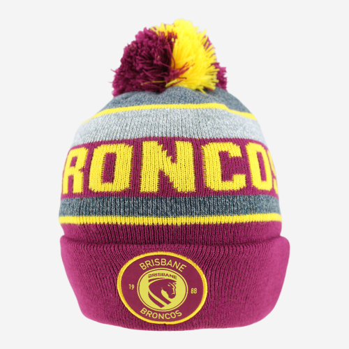 Front-facing Maroon and Gold Beanie featuring the 2026 Brisbane Broncos Logo, Team Name and multi-coloured pom-pom.