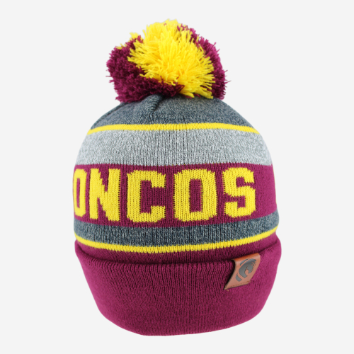 Rear-facing Maroon and Gold Beanie featuring the 2026 Brisbane Broncos Logo, Team Name and multi-coloured pom-pom.