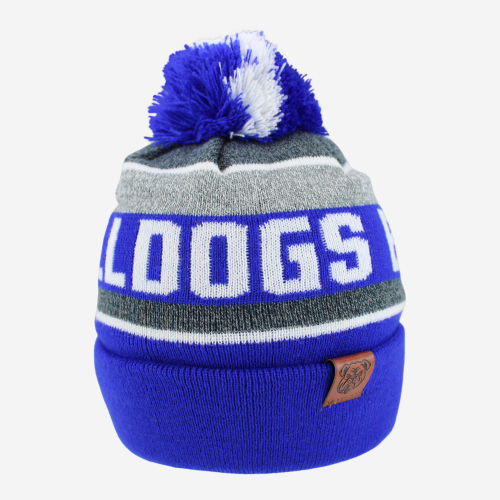 Rear-facing Blue and White Beanie featuring the 2026 Canterbury Bulldogs Logo, Team Name and multi-coloured pom-pom.