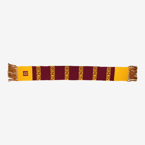 Two Tone Maroon and Yellow Scarf laid flat featuring the 2026 Brisbane Broncos Team Logo