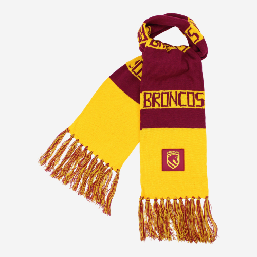 Two Tone Maroon and Yellow Scarf tied in a knot and featuring the 2026 Brisbane Broncos Team Logo