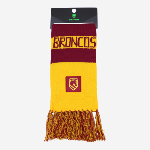 Packaged Two Tone Maroon and Yellow Scarf featuring the 2026 Brisbane Broncos Team Logo