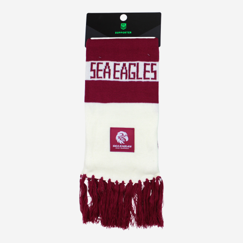 Packaged Two Tone Maroon and White Scarf featuring the 2026 Manly Sea Eagles Team Logo