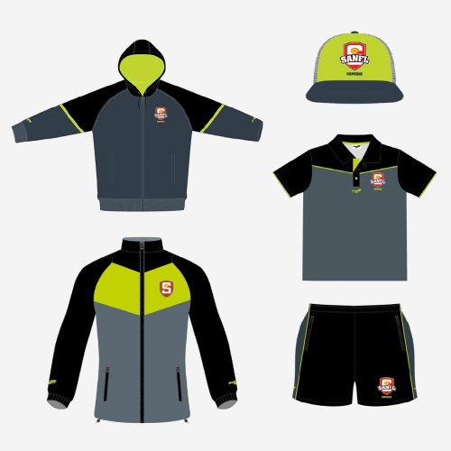 SANFL Coaches Uniform Bundle in grey and lime green featuring a running cap, polo shirt, shorts, jacket and a hoodie.
