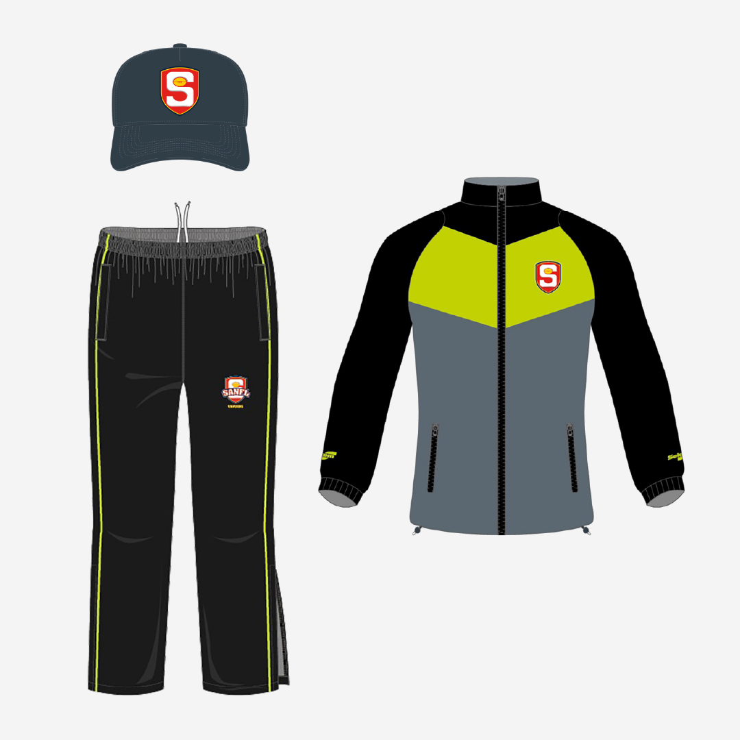 SANFL Goal Umpire Uniform Bundle in grey and lime green featuring a goal cap, tracksuit pants and a jacket.