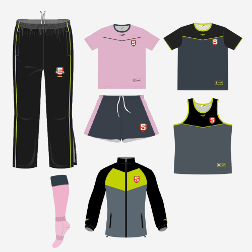 SANFL Junio Uniform Bundle in pink, black, grey and lime green featuring tracksuit pants, two tees, shorts, a singlet, socks and jacket.