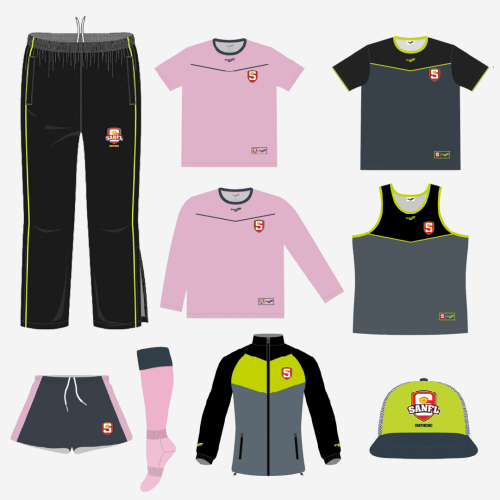 SANFL Senior Uniform Bundle in pink, black, grey and lime green featuring tracksuit pants, two short sleeve tees, a long sleeve tee, shorts, a singlet, socks, jacket and a cap.