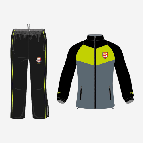 SANFL Senior Winter Uniform Bundle in black, grey and lime green featuring tracksuit pants and a jacket.