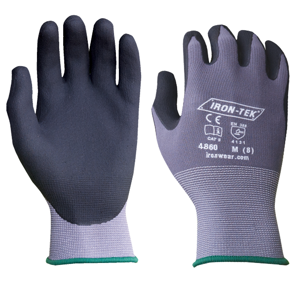 Ironwear 4860 Gloves SZ XL Nitrile Dipped Palm Black & Gray Nylon & Lycra